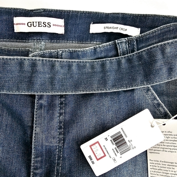 New! GUESS 1981 High Rise Belted Straight Leg Crop Distressed Raw Hem Jeans - Picture 8 of 9